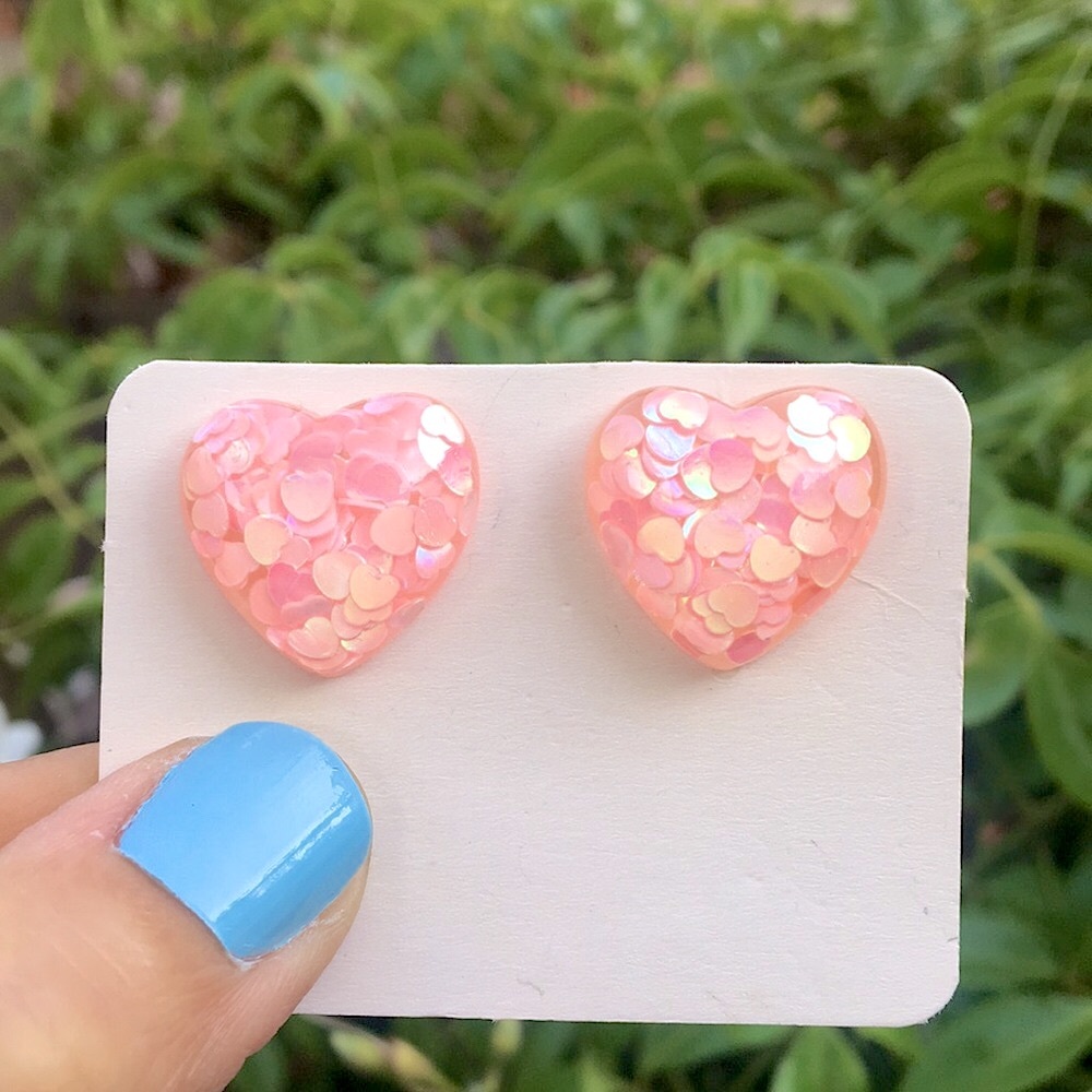 Iridescent Glitter Pink Heart Statement Earrings